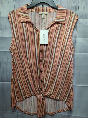 Como Blu Sleeveless Top Multi-Color Size Large Button Up Tie Front NWT!    [LF3]