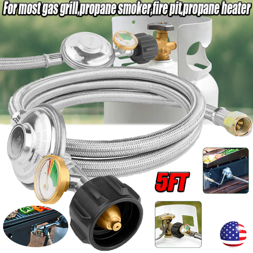 5 FT Low Pressure Propane Gas Hose Regulator Adjustable Stainless Steel w/Gauge - Picture 1 of 10