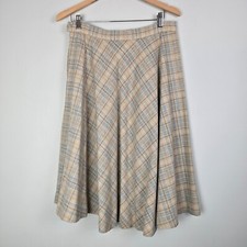 Vintage 70s Wool Plaid Midi Skirt Union Made in USA Beige Blue A-Line Small