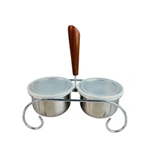 Vtg Denmark MCM Stainless & Wood triple Bowl 60s condiment holer w lid