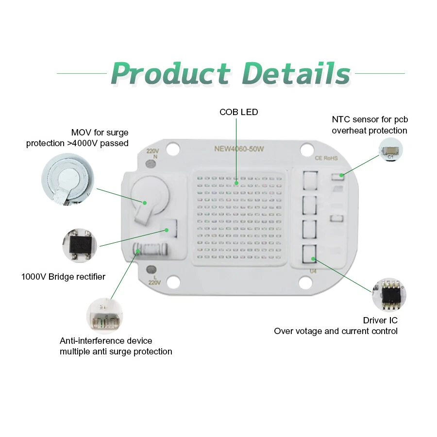 Chip de lámpara LED UV COB 50W 110V sin conductor 395nm para curar luz negra germicida Foto 3 de 4