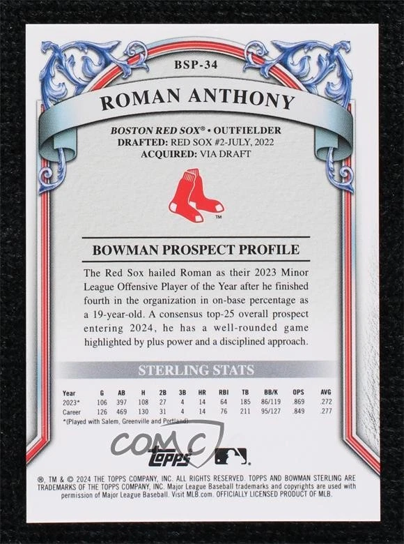 2024 Bowman Sterling Prospect Red Refractor /5 Roman Anthony #BSP-34 - Image 2 of 2