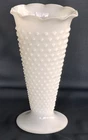 Vintage White Milk Glass Hobnail flared Vase 9.5" Tall Ruffled edge MCM art deco