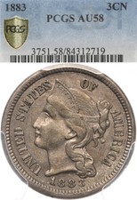 1883 3CN PCGS AU58  Three Cent Nickel - Lower Mintage