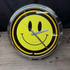 Smiley Face YELLOW NEON Wall Clock 15" CHROME "Have a Nice Day" Logo TESTED RARE
