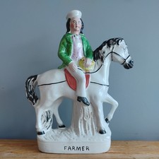 Unusual Rare Large Staffordshire Flat Back Hand-painted Farmer on Horseback 