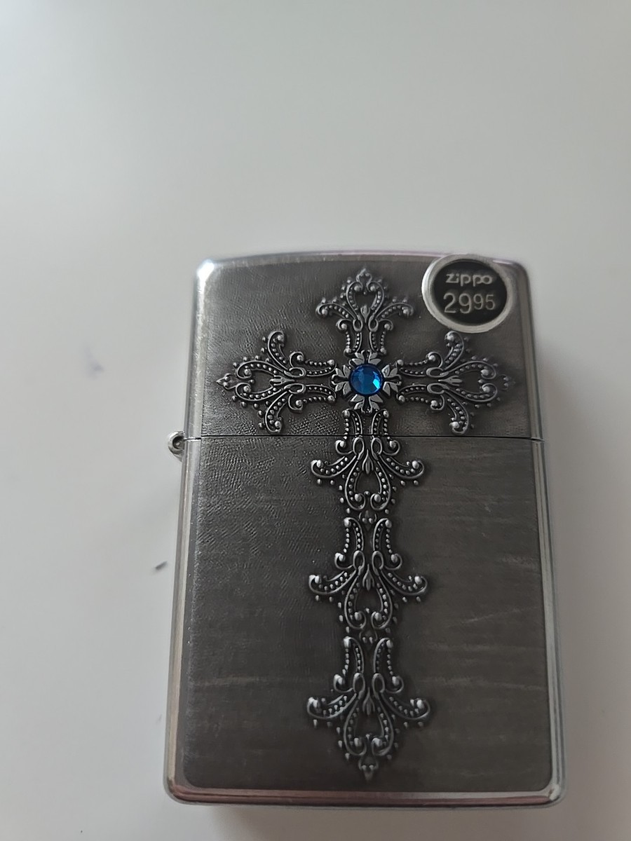 Zippo 2004 Gothic Cross Pewter & Brushed Silver W/ Blue Stone New