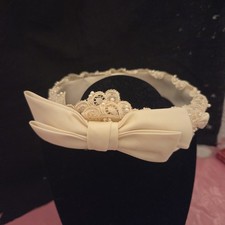 Vintage Ivory Lace Bow Headband with Satin and Faux Pearls