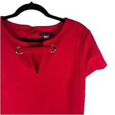 Tommy Hilfiger Women Red Shift Dress Size 8 Gold Accents Midi Business Office