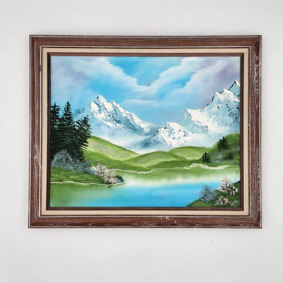 Original Oil Painting Mountain Lake Landscape Bob Ross Style Framed Signed Art - Image 2 of 4
