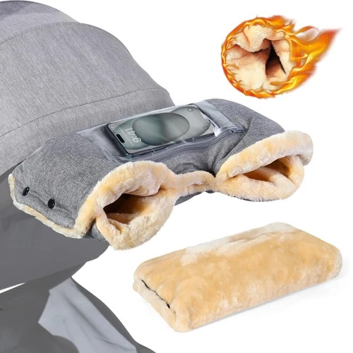 Pram Hand Muff Faux Wool Fleece Weatherproof with Phone Pocket Warm Pushchair
