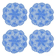Round Crochet Doilies 4Pcs, Cotton Floral Lace Placemats, Handmade 8" Blue