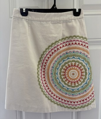 Boden White Skirt Embroidered Mandala Pattern Zip Boho 4 P