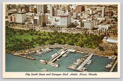 Vintage Miami City Yacht Basin & Biscayne Blvd Hotels Photochrome Postcard