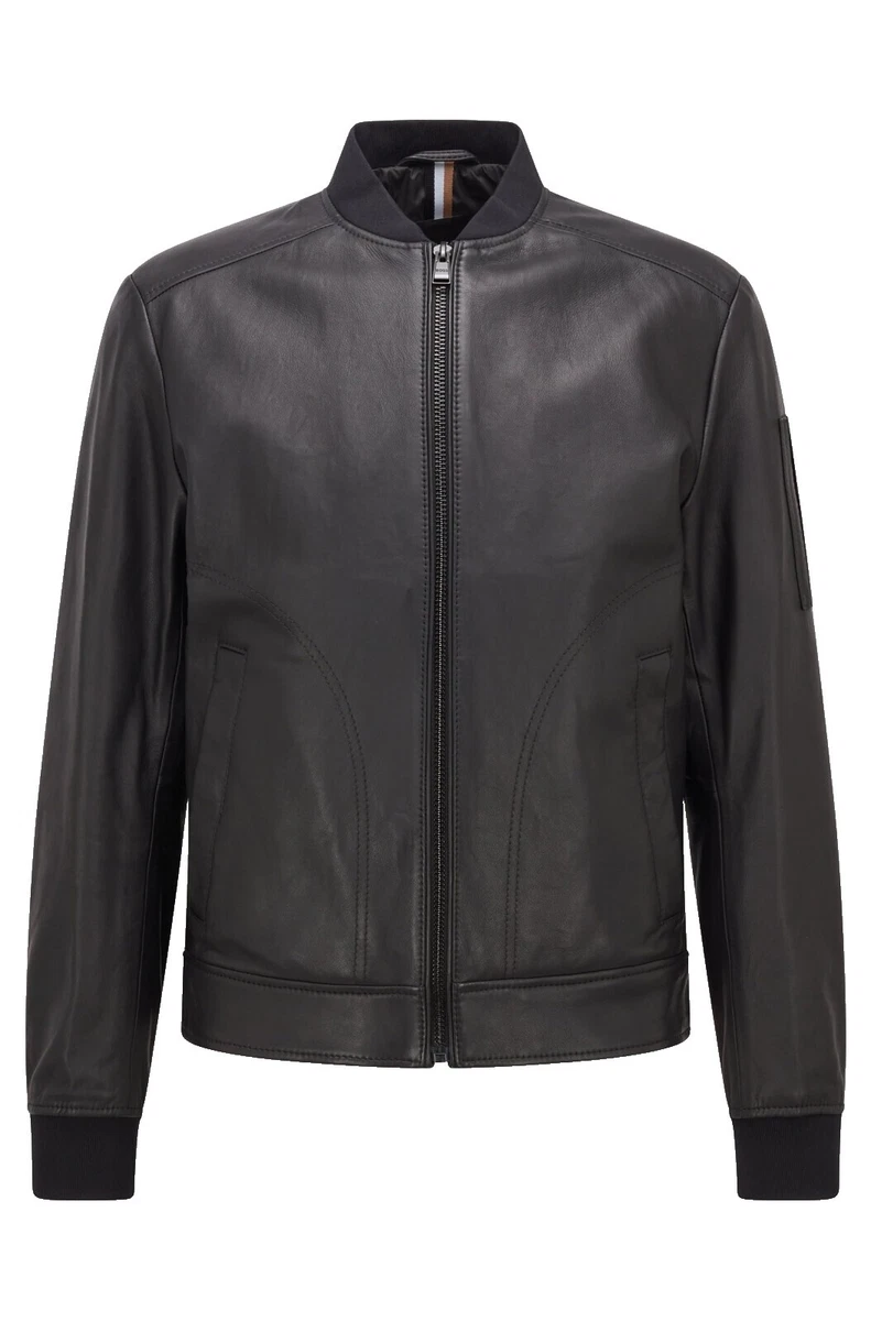 Veste En Cuir Shearling Noir Homme - Marque Hugo Boss « Lanster » - Taille US XL / IT 54 - Neuf Avec étiquettes
