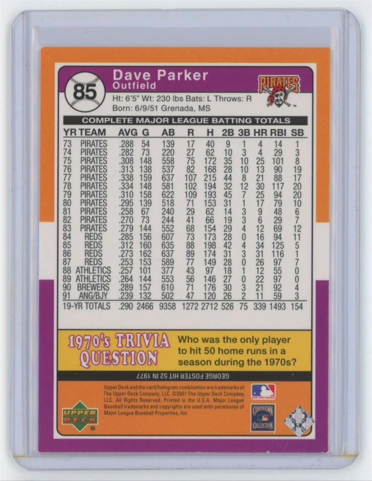 2001 Upper Deck Decade 1970's Dave Parker .  Pittsburgh Pirates #85 - Image 2 of 2