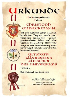 XXL Urkunde METZGER FLEISCHER DIN A3(!!!) HW Diplom Geschäfts- Arbeits- Jubiläum
