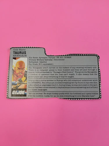 Vintage 1987 Hasbro GI Joe TAURUS v1 FILE CARD ONLY