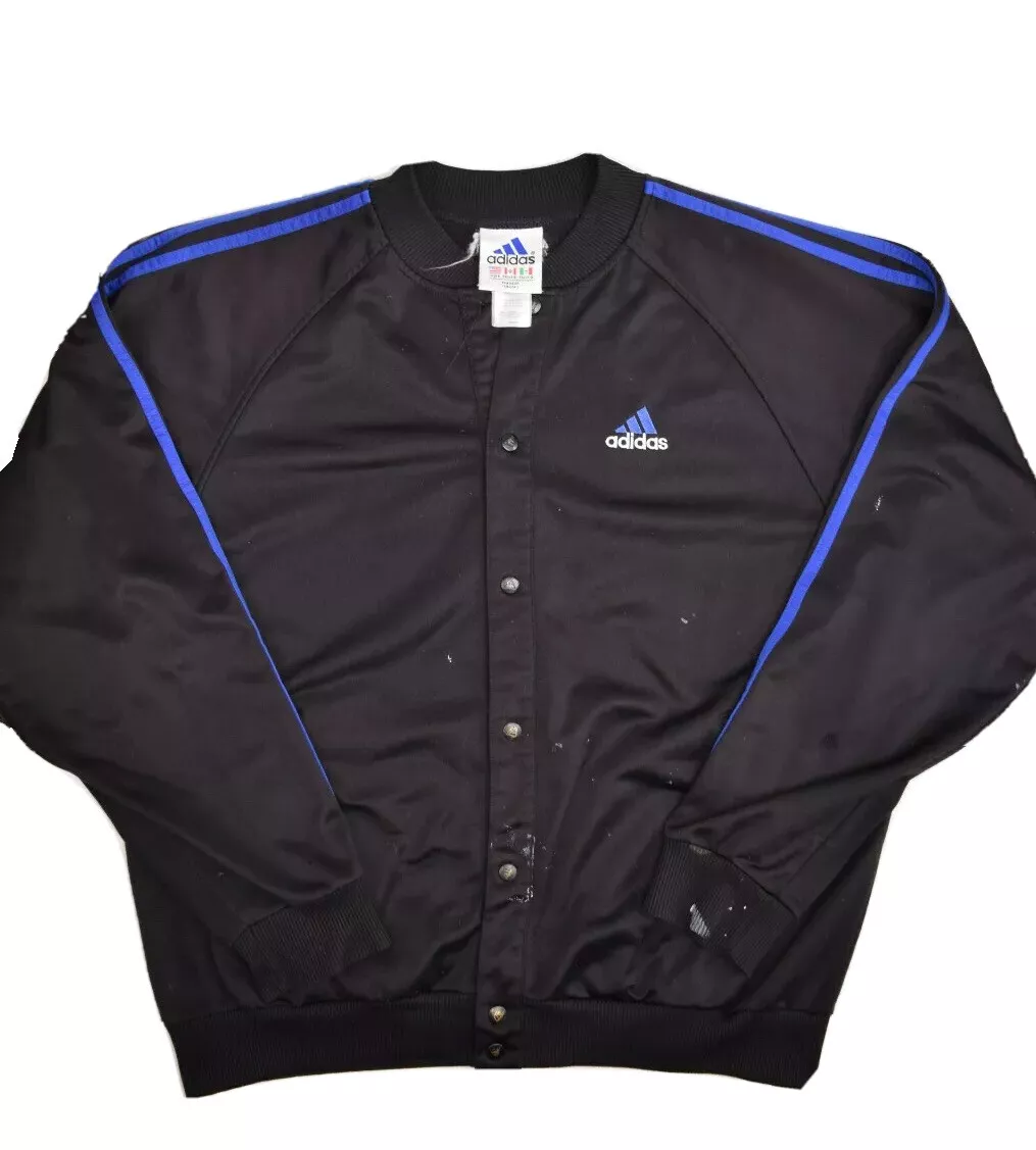 Vintage Adidas Track Jacket Mens L Bomber Snap Button Warm Up Black Blue