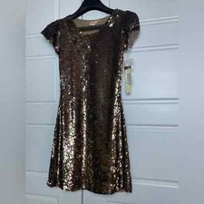 Issue New York Brown Gold Sequin Mini Dress JF-5015 Cap Sleeve Cocktail S