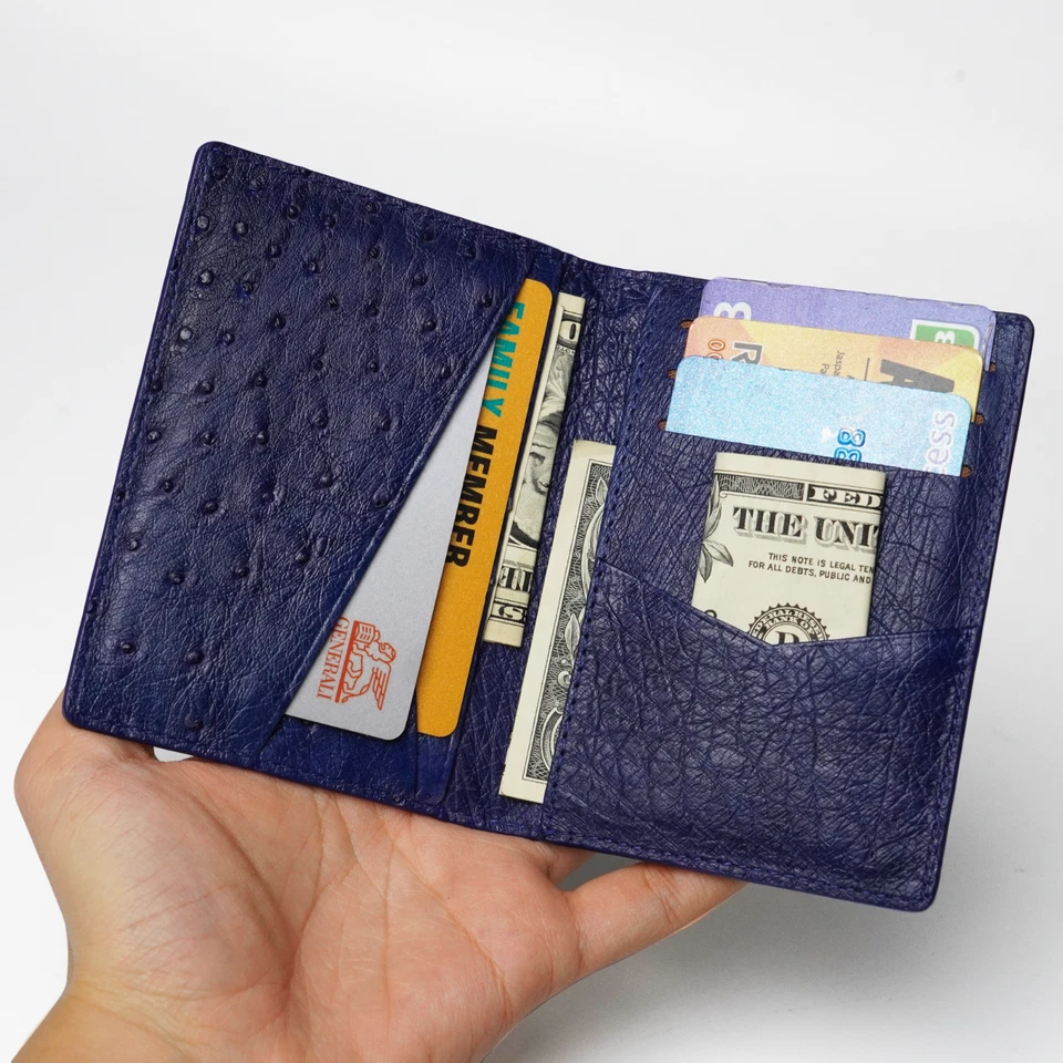 Cartera delgada unisex genuina de cuero de avestruz azul negro piel real Foto 2 de 4