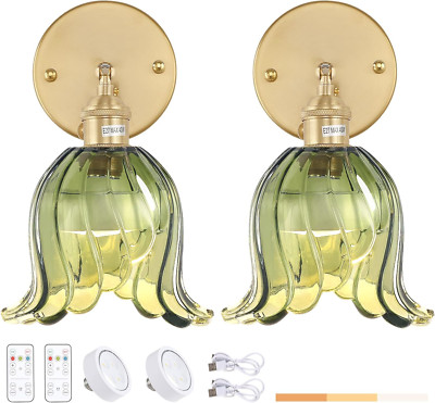 Rechargeable Vintage Wall Sconces Set of 2 with Remote - Green Lily