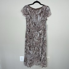 Vince Camuto Womens Printed Chiffon Midi Dress 8 Ruffle Flutter Sleeve Snakeskin