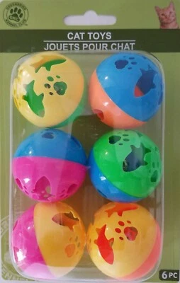 GREENBRIER KENNEL CLUB Kitten Cat Kitty Toys Small 1.5” Plastic Ball w Bell, 6 Toys/Pk