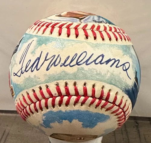 TED WILLIAMS SIGNED OFFICIAL AL BASEBALL WITH 4 ORIGINAL RON LEWIS PAINTINGS JSA