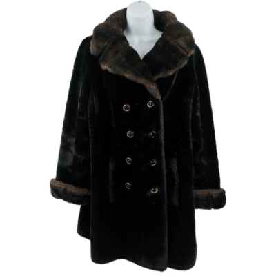 Vintage 1970s Double Breasted Black & Brown Faux Fur Coat  display picture 2