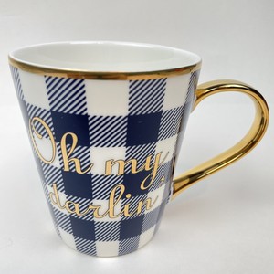 Draper James Oh My Darlin Coffee Mug Tea Cup Blue White Buffalo Plaid Gold Trim Ebay