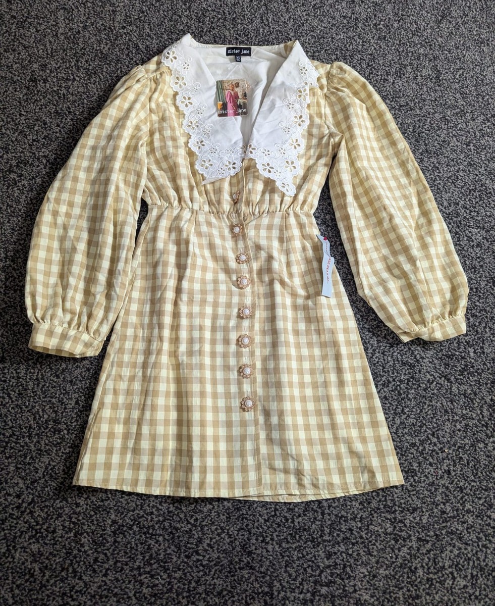 Sister Jane Mini Dress Size XS Beige Check Honey Gingham Faux