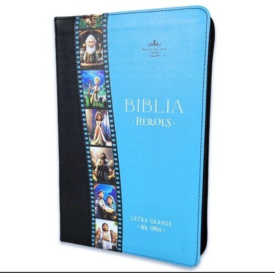 Biblia Con Cierre Letra Grande Héroes de la Fe RV1960 imit piel  negro y azul