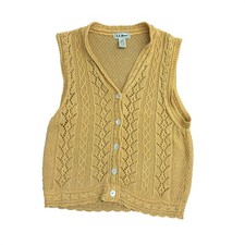 Chaleco Suéter LL Bean Mujer Amarillo Mostaza Pointelle Lino Algodón Tejido Mediano