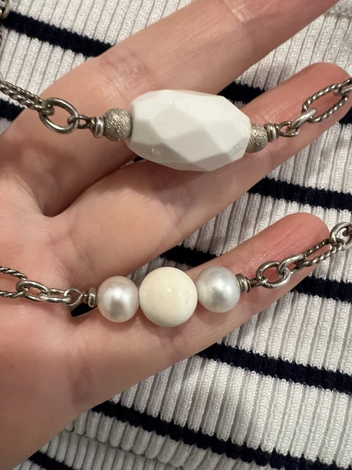 David Yurman Sterling Silver Pearl White Agate Figaro 48'' Long Toggle Necklace - Image 3 of 4