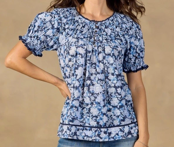 NEW Sundance Catalog LODI Women Smocked Brittany Blue Print Floral Blouse PXS