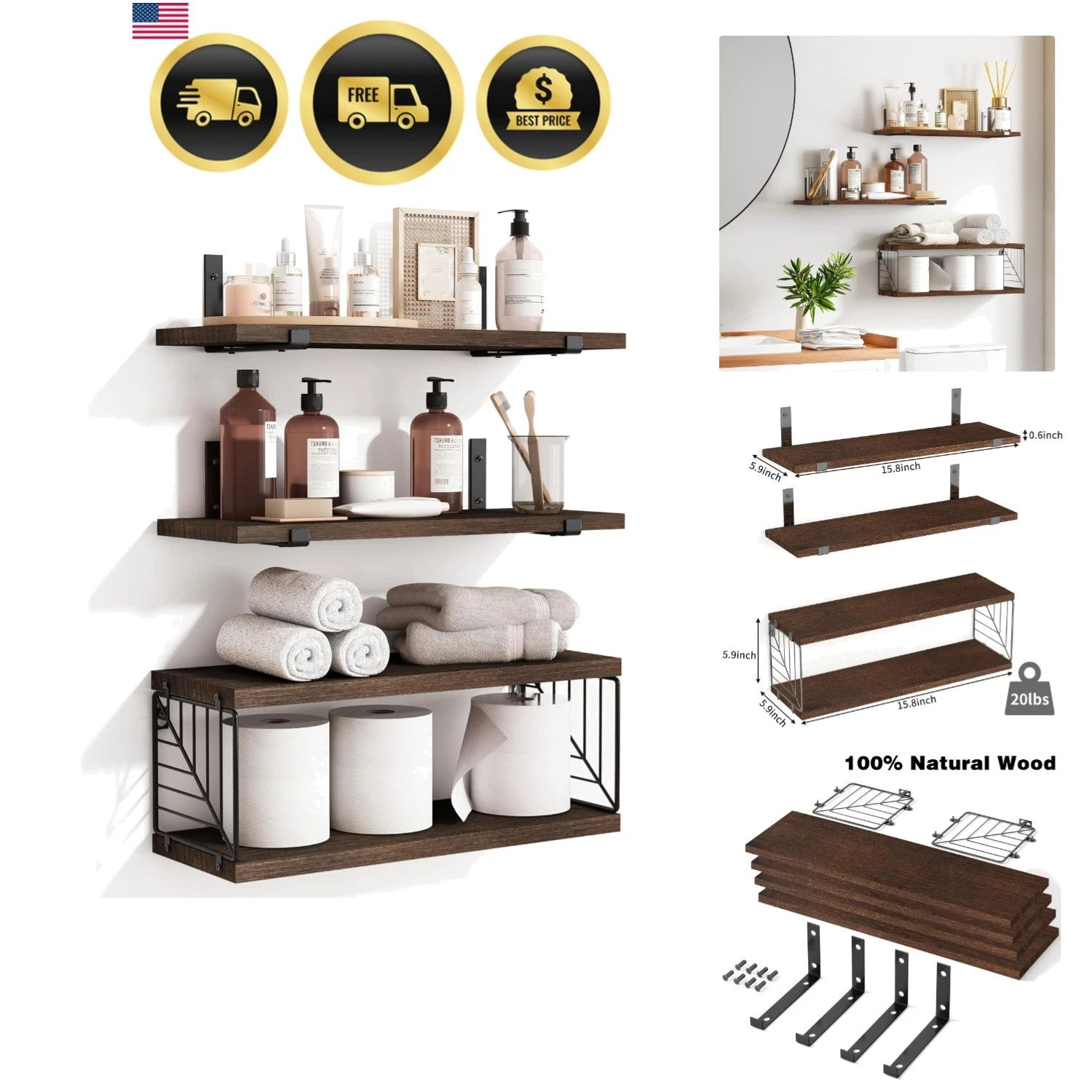 Bathroom Floating Shelves 3+1 Tier Rustic Wood Wall Decor for Bathroom Living...
Opens in a new wind