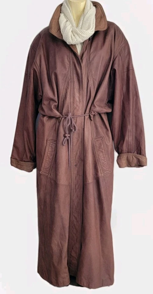 De Colección Años 90 Y2K Gabardina Cuero Genuino Chaqueta Larga Mob Wife Western M Marrón