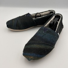 TOMS Women's 7.5 Blue Green Plaid Fur Lined Slip On Loafers Flats Warm Slippers