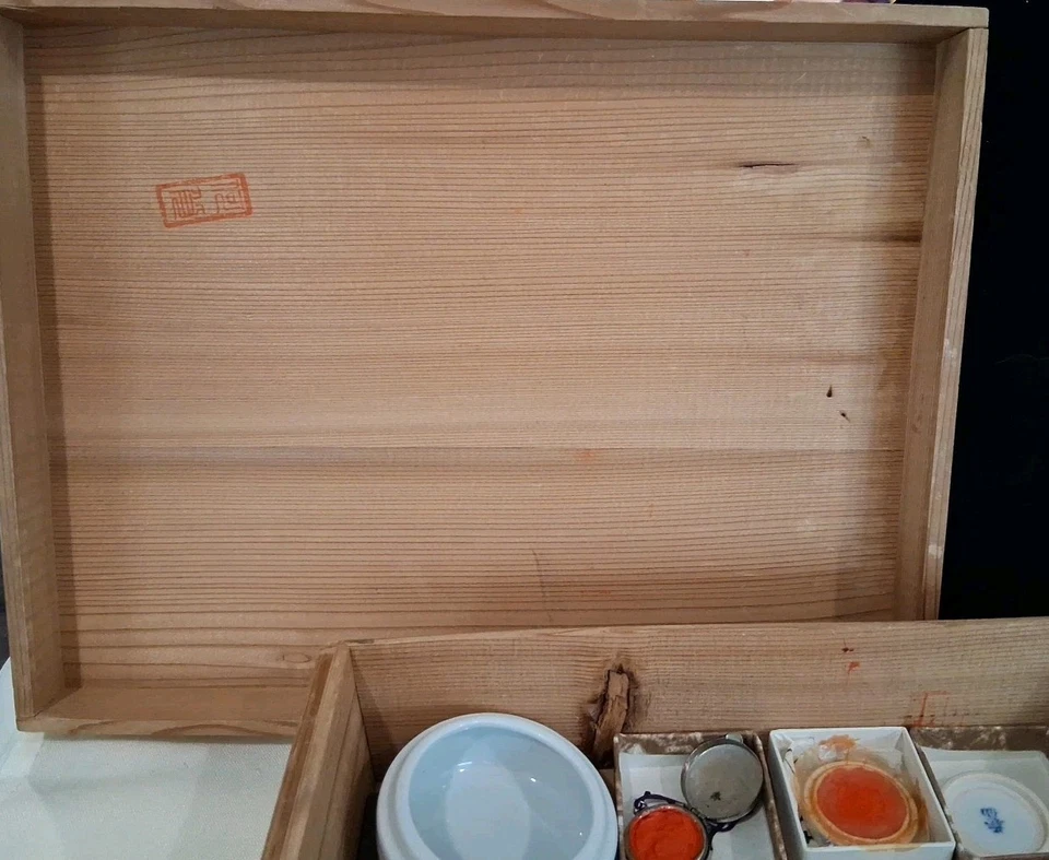 Винтажная японская коробка для каллиграфии от Aiko, с 2 бумажниками, чернильными палочками и камнем, печатью и т. д. - Изображение 4 из 4