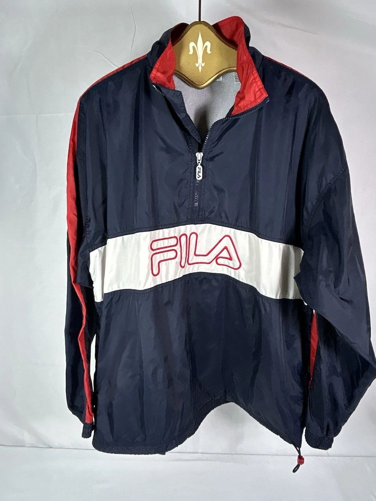 Vintage FILA Pullover Jacket Mens Large Navy Red White Half Zip Windbreaker.