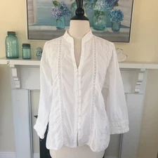FDJ French Dressing White Button Front Blouse Top Size 16 Lace Sequins Cotton