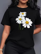 Women's Three Daisy Print T Shirt Short Sleeve Floral Graphic Casual Tee Top