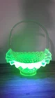 VTG. Fenton Topaz uranium glass basket opalescent hob nail clear handle     Z140