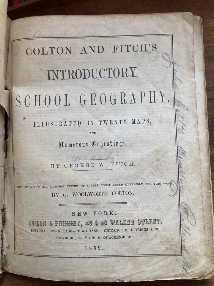 1859 Colton & Fitch Introductory School Geography W/ Hand-Colored Maps Antique Foto 2 de 4