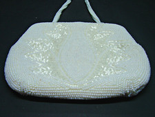 Vintage Seed Bead Mini Kiss Lock Bag Purse White Safco Evening Clutch Handbag 5"
