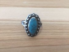 Oval Turquoise Stone Beading Edge Sterling Silver 925 Size 7 Ring 4.49 grams