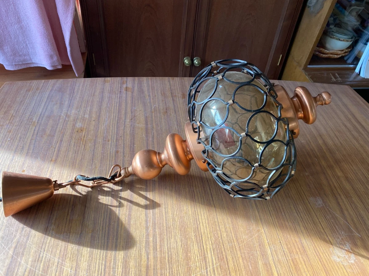 Unusual Ceiling Light Glass Bowl Encased in Steel Cage Copper Style Fittings