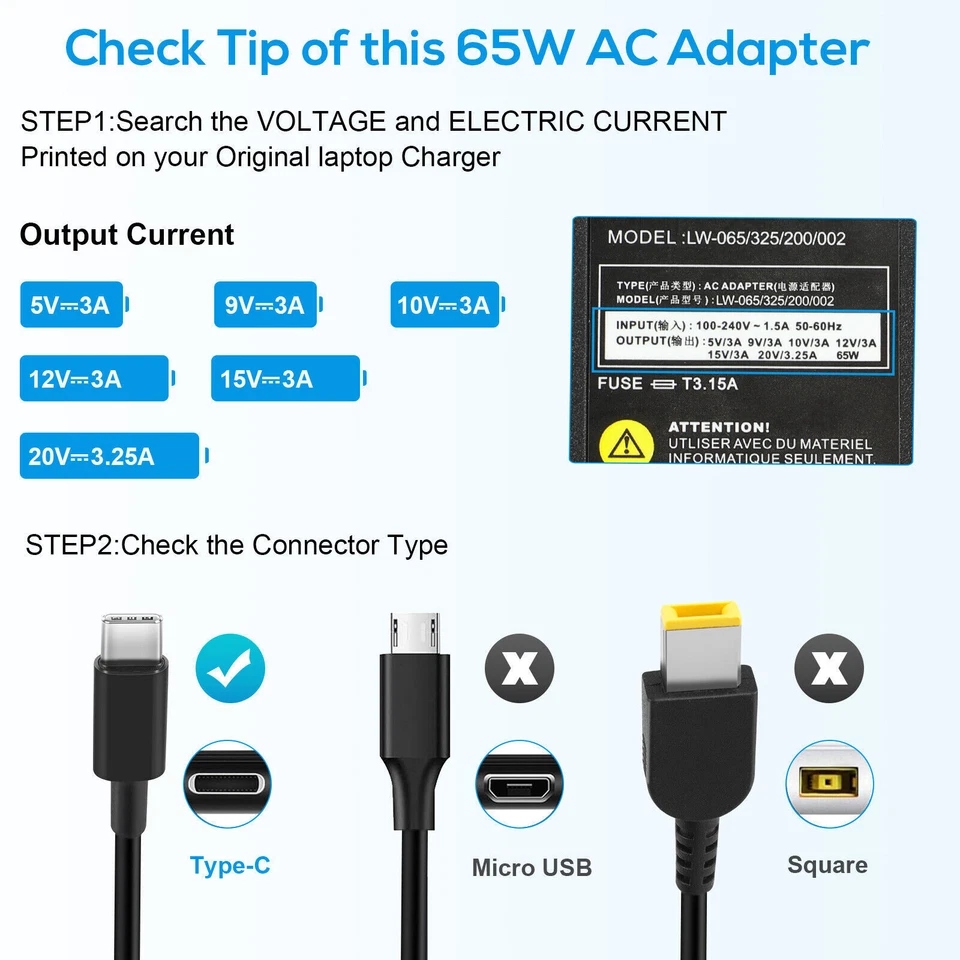 Adaptador Cargador CA Portátil 65W 90W Para Lenovo USB-C ThinkPad ZUK Yoga ChromebooK Foto 4 de 4