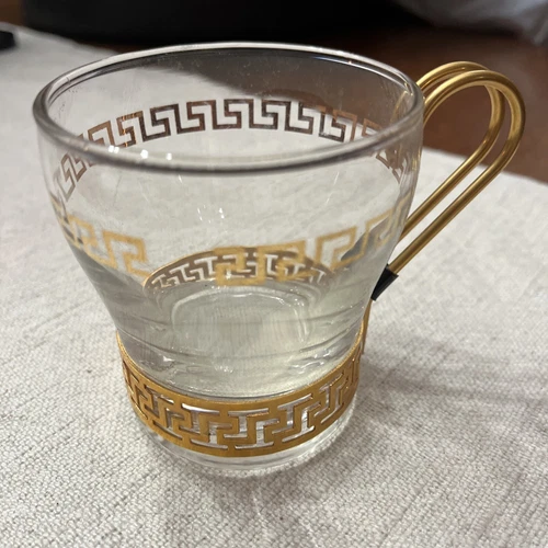 Vintage Libbey Glass Continental Coffee/Tea Cups, Gold Greek Key, set of 6